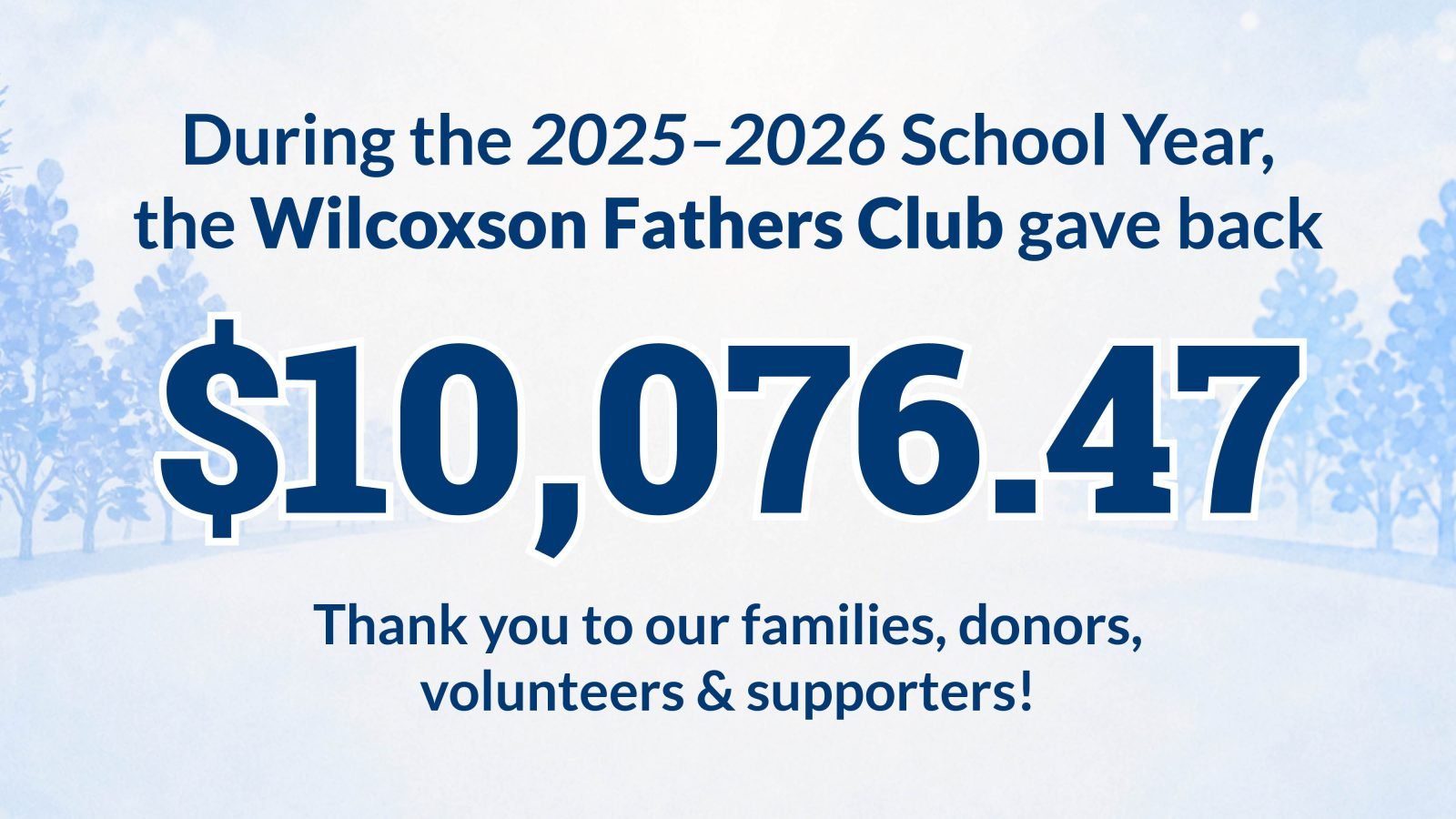 Wide graphic stating that Wilcoxson Fathers Club gave back $10,076.47 during the 2025-2026 school year and thanking families, donors, volunteers, and supporters.