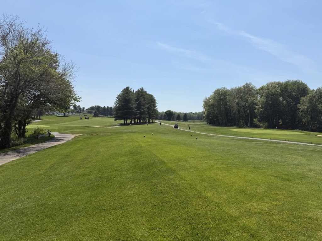 Wide fairway view with golf carts and players in the distance.