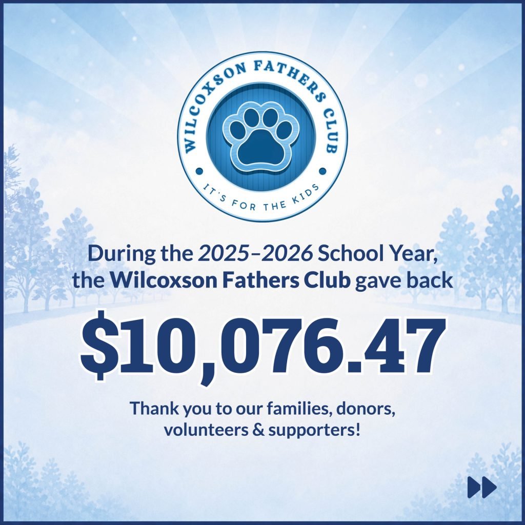 Graphic stating that Wilcoxson Fathers Club gave back $10,076.47 during the 2025-2026 school year and thanking families, donors, volunteers, and supporters.