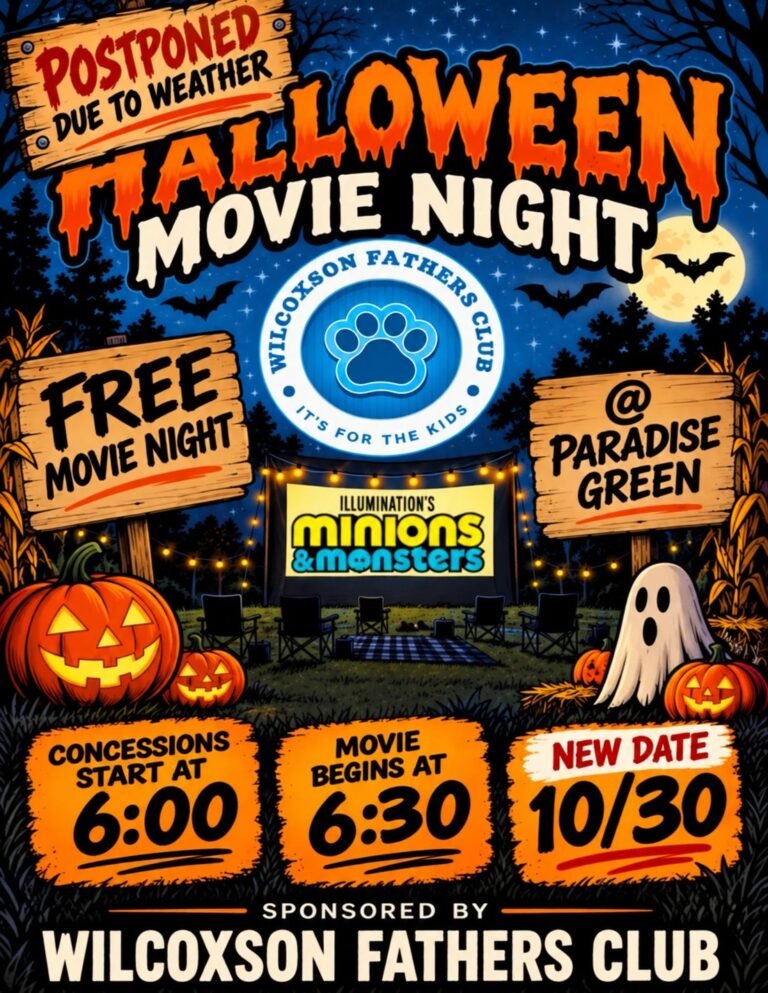 Halloween Movie Night flyer: postponed due to weather, new date Friday 10/30 at Paradise Green. Free showing of Illumination’s Minions and Monsters, concessions start at 6:00, movie begins at 6:30.